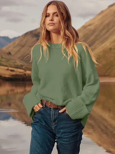 Vista 3 de Prinbara Suéter de manga larga con cuello redondo para mujer, de gran tamaño, tejido mullido, grueso, cálido