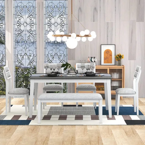 Vista 15 de Juego de mesa de comedor vintage de 6 piezas, juego de mesa de comedor de cocina de madera maciza con 4 sillas ergonómicas acolchadas y banco, mesa
