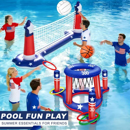 Vista 5 de Grandes juegos inflables de piscina, red de voleibol y aro de baloncesto con 2 pelotas de playa, bandera estadounidense, juguetes de agua