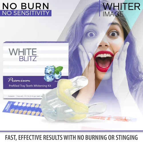 Vista 4 de White Blitz Kit de blanqueamiento de dientes precargado con bandeja sellada al vacío, gel blanqueador de dientes + guía de sombras, menta fría