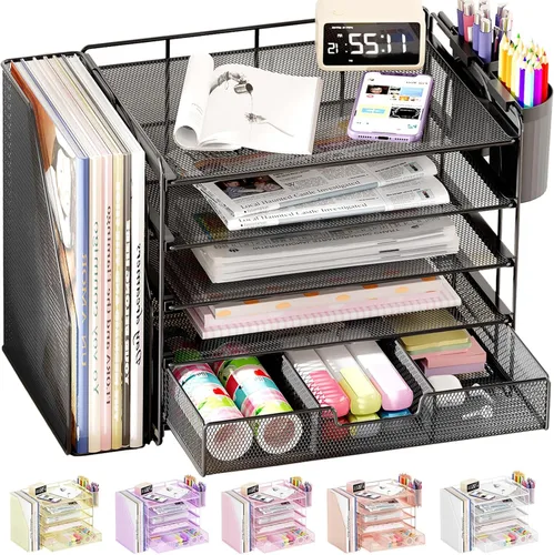 Vista 8 de OPNICE - Organizadores de escritorio y accesorios, para espacio de trabajo, suministros de oficina, organizador de archivos con 2 soportes para Negro
