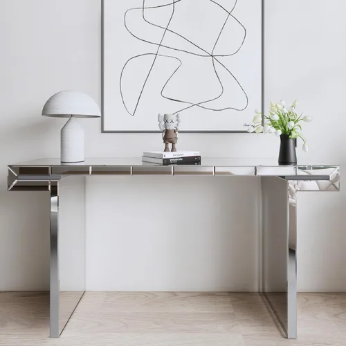 Vista 15 de Moderna mesa de consola plateada con espejo con 2 cajones de almacenamiento, escritorio rectangular de tocador, mesa de tocador de maquillaje