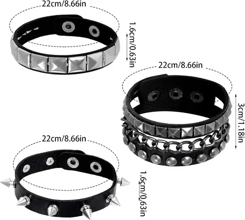 Vista 4 de cnomg 3 pulseras de cuero punk rock punk rock con tachuelas, pulsera de cuero con púas para mujeres y hombres, pulsera gótica de los años 80