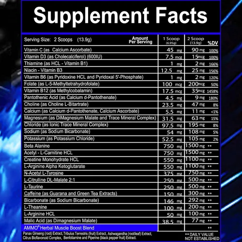 Vista 4 de AMMO ® Energy Reloads™ - Polvo de preentrenamiento, 300 mg de cafeína, cero azúcar, aminos vitales y electrolitos, sin sabores ni