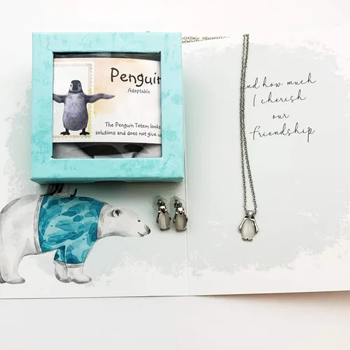 Vista 6 de Smiling Wisdom - Ojo de gato de cuarzo pingüino - Tarjeta de felicitación de amistad con pensamientos en ti - Juego de regalo de collar y aretes