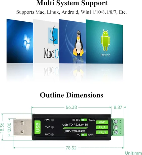 Vista 6 de Adaptador convertidor serie USB a RS232/RS485, chip original integrado FT232RNL estable, compatible con Raspberry Pi/Jetson Nano/Windows