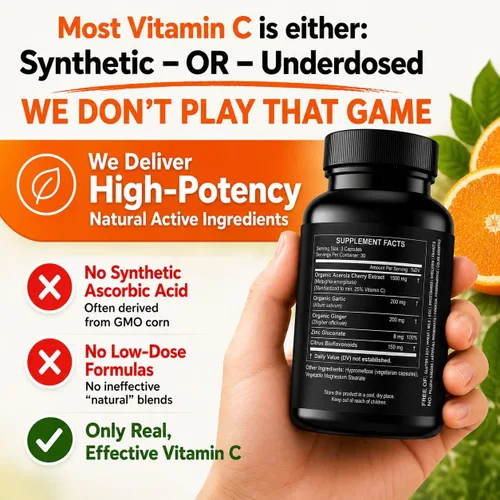 Vista 3 de Vitamina C natural de cereza de acerola orgánica, alta absorción, con bioflavonoides de ajo, jengibre y cítricos, refuerzo del sistema inmunológico