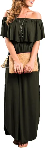 Vista 2 de Sarin Mathews - Vestido de fiesta para mujer estilo casual largo hasta los tobillos con volantes hombros descubiertos abertura lateral y bolsillos