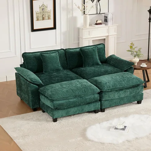 Vista 131 de Sofá seccional modular verde de 111.5", sofás seccionales grandes de 3 plazas para sala de estar, sofá nube oversized de tela chenille con otomana
