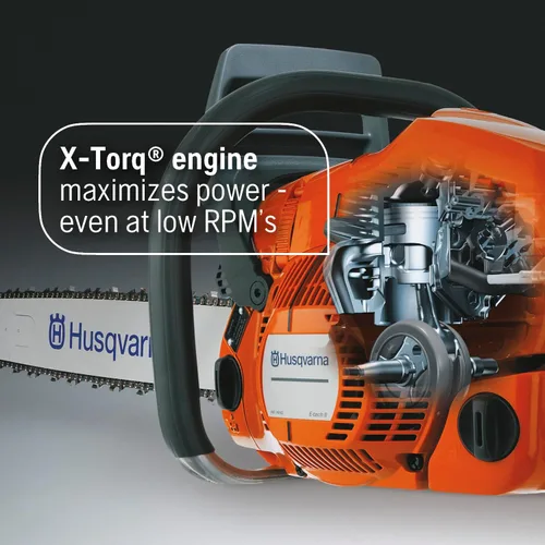 Vista 5 de Husqvarna Motosierra de gas 450S Rancher de 50.2 cc 3.2 HP, motor X-Torq de 2 ciclos, motosierra de 20 pulgadas con engrasador automático, para poda