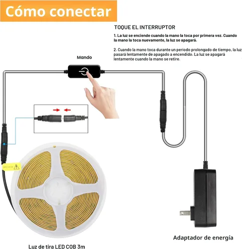 Vista 3 de Pandery Tira de LED COB, Tira de Luces LED 1M/3.28ft, Tiras LED Regulables por Toque, CRI90+, Luz COB LED Blanca Cálida 2700K, 960LEDs, Tira