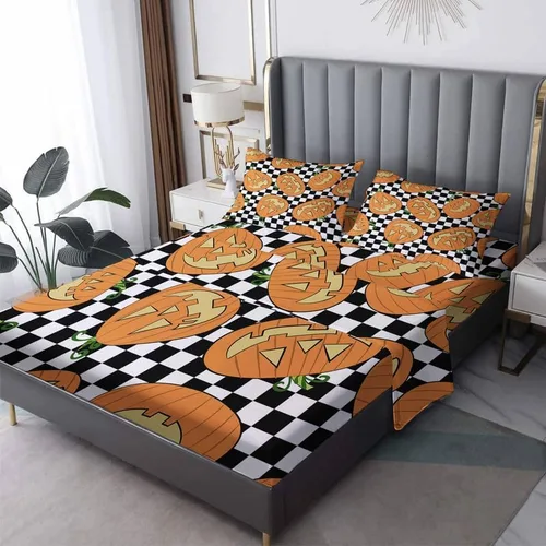 Vista 9 de Juego de sábanas de Halloween para niños y niñas, juego de sábanas espeluznantes de tela de araña, calabaza fantasma, microfibra suave, bolsillo