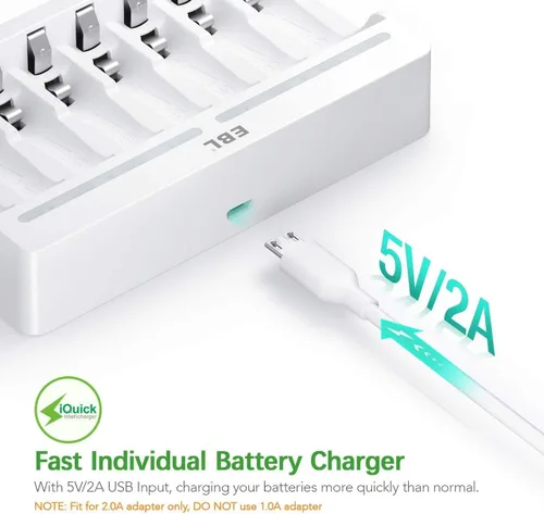 Vista 6 de EBL Baterías AAA Recargables con Cargador, 1100mAh NiMH, 1.2V, Recarga hasta 1200 veces, Baterías Triple A para Teléfono Inalámbrico (Paquete de 16)