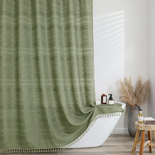 Vista 9 de OVZME Cortina de ducha bohemia negra, cortina de ducha estrecha de tela suave a rayas de lino texturizado con borla, moderna decoración de baño