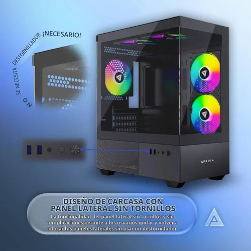 Vista 5 de Apevia Phantom-BK Phantom Micro-ATX Carcasa de PC de Juegos de Cámara Dual con 5X 120mm Ventiladores ARGB, 366 Modos RGB, Paneles de Vidrio Templado