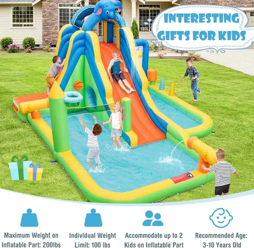 Vista 7 de HONEY JOY Tobogán acuático inflable, tobogán acuático de elefante 9 en 1 para patio trasero de niños, piscina de chapoteo, punta de tac, pared