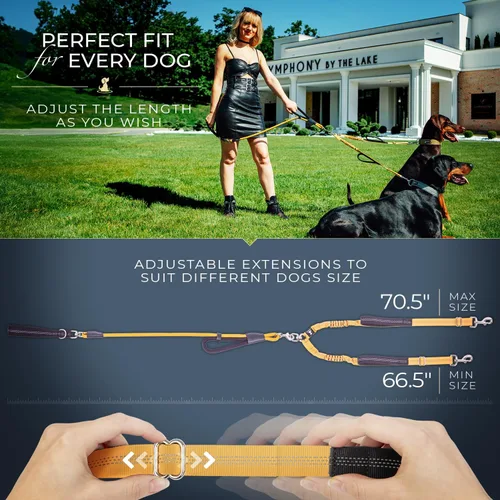 Vista 5 de Correa doble premium para dos perros, absorción de golpes, antitirón, doble correa para razas medianas y grandes con accesorio de correa doble