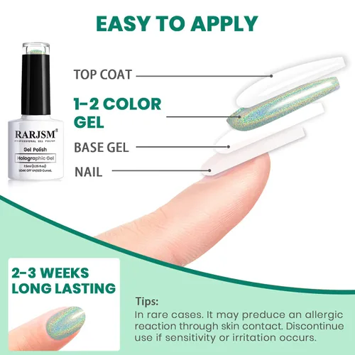 Vista 5 de RARJSM Juego de esmaltes de gel holográfico, color verde turquesa, kit de esmalte de uñas de gel con purpurina, colección de verano, 6