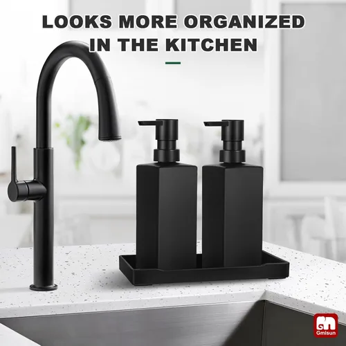 Vista 7 de GMISUN Juego de dispensador de jabón de cocina, dispensadores de jabón para manos y platos, dispensador de jabón negro de 12 fl oz/11.8 fl oz