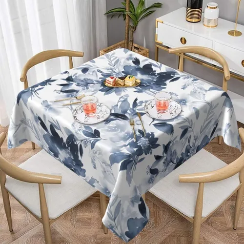 Vista 2 de Mantel floral azul marino de 54 x 54 pulgadas, mantel cuadrado de flores azul oscuro y blanco, mantel de poliéster para fiestas de vacaciones
