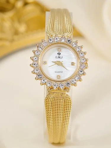 Vista 7 de Women's Gold Watch Crystal Bezel Mesh Band Mother of Pearl Dial