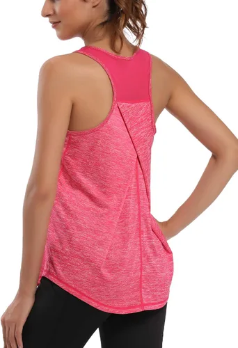 Vista 3 de Aeuui - Camisetas de ejercicio para mujer, con espalda cruzada, sin mangas, camisetas de yoga de malla, para correr, ropa de gimnasio