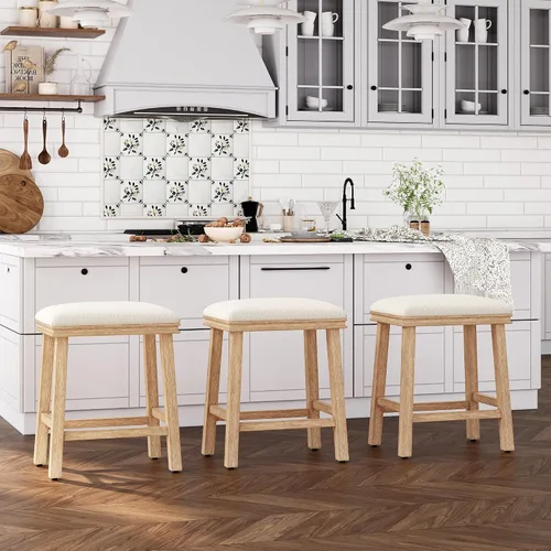 Vista 34 de ALPHA HOME Taburete de bar, taburete de cocina de silla de montar de madera maciza con cojín de tela de lino beige, taburete de bar de altura