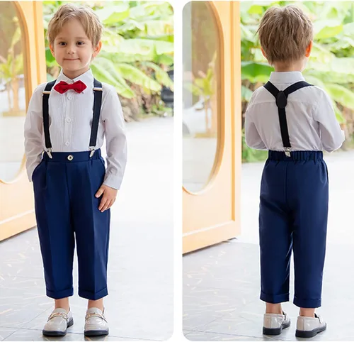 Vista 6 de Pifiko - Ropa de vestir para niño, traje formal para niños, camisa + corbatín + chaleco + pantalones con tirantes para niños