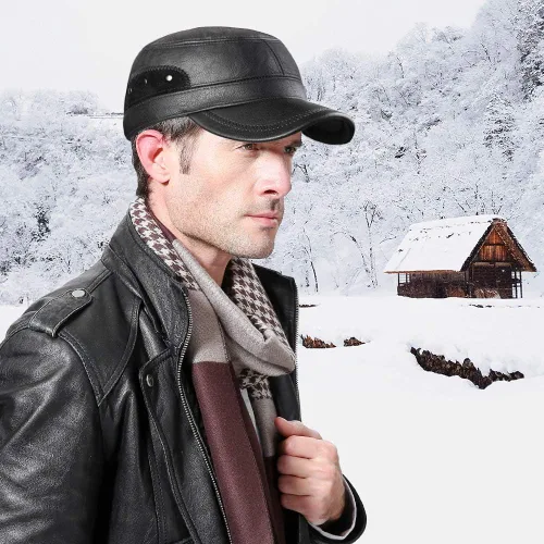 Vista 7 de Sumolux Gorra de cuero de invierno con orejeras militares cadete ejército sombrero superior plano al aire libre
