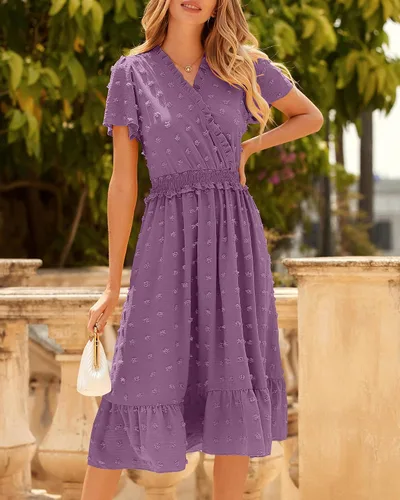 Vista 3 de BTFBM Vestidos de verano de manga corta con cuello en V y lunares suizos para mujer, vestidos largos con volantes, estilo bohemio, vestido