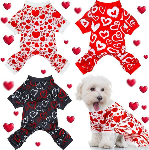 Vista 6 de Weewooday Pijama de 3 piezas para perro, conjunto de overol y overol para perro, ropa con patrón de corazón para cachorros y gatos (M