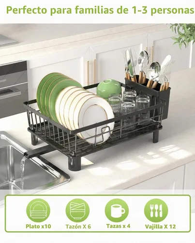 Vista 6 de Escurridor de platos para encimera de cocina, escurridor de acero inoxidable con soporte desmontable para cubiertos, sistema de drenaje automático