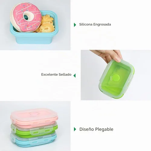 Vista 4 de Alimat PluS 11.8oz Juego de 3 Contenedores de Almacenamiento de Alimentos de Silicona Plegables con Tapas, Tamaño Pequeño, 350ml Contenedores