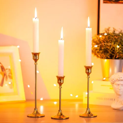 Vista 8 de Juego de 15 portavelas dorados para candelabros, portavelas cónicos Inweder de metal altos para centro de mesa, boda, decoración del hogar, comedor