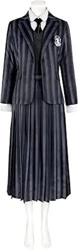 Vista 5 de Disfraz de Addams de New Wednesday 2023 para mujer, uniforme escolar a rayas, suéter de cinco piezas, traje de cosplay, carnaval, accesorios