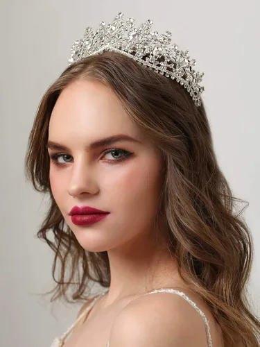 Vista 3 de SWEETV Corona de boda para novia, paquete de 3 aretes de tiara, juego de joyas para novia, fiesta de disfraces de cristal, cumpleaños, graduación