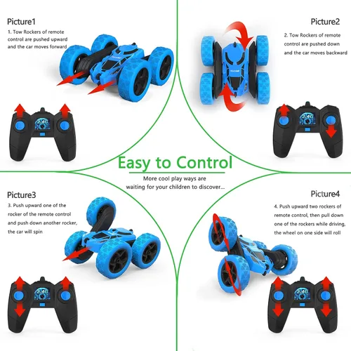 Vista 4 de Hamdol Auto de control remoto para niños, auto de acrobacias RC giratorio de 360°, vehículo eléctrico 4WD de doble cara con luces LED, autos de Azul