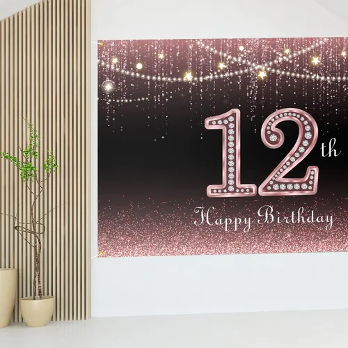 Vista 7 de HAMIGAR Fondo de pancarta de feliz cumpleaños número 12 de 6 x 4 pies, decoraciones de cumpleaños de 12 años, suministros de fiesta para mujeres