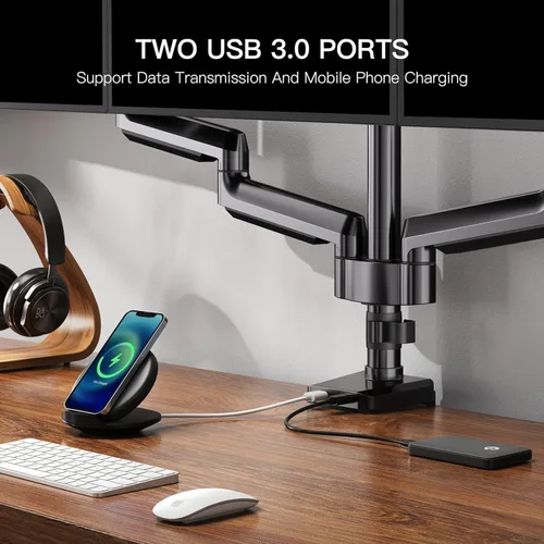 Vista 6 de ErGear Soporte de monitor triple para pantallas de 13 a 27 pulgadas, brazos de monitor triple con USB, soporte de tres monitores resistente