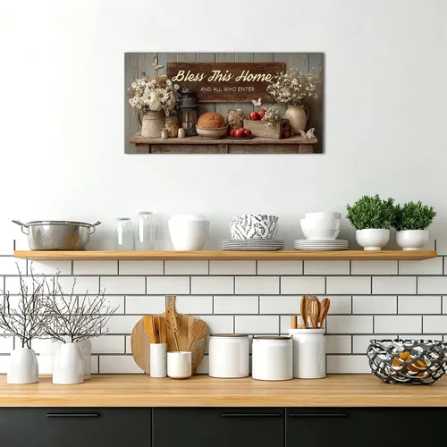Vista 4 de TIMUBA Decoración de pared de cocina de granja, arte de pared de cocina con texto en inglés "Bless This Home and All Who Enter Kitchen Blessing