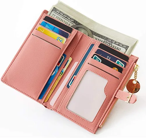Vista 2 de Bolso corto de piel sintética con bloqueo RFID para mujer, cartera de mano mediana plegable para tarjetas, monedero, organizador pequeño para mujer