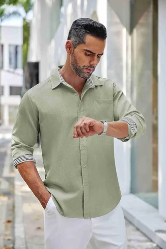 Vista 2 de COOFANDY Camisa de lino con botones para hombre, de manga larga, informal, para playa, con bolsillo