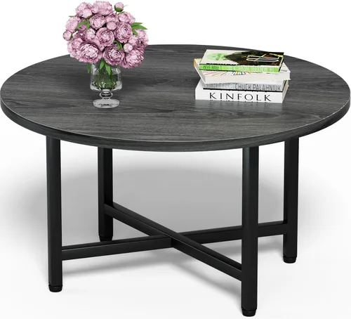 Vista 14 de Mesa de Café FAMIDGE, Mesas de Café de 23.6" para Sala de Estar, Mesa de Café Redonda con Marco de Metal, Mesa de Piso para Sentarse en el Suelo