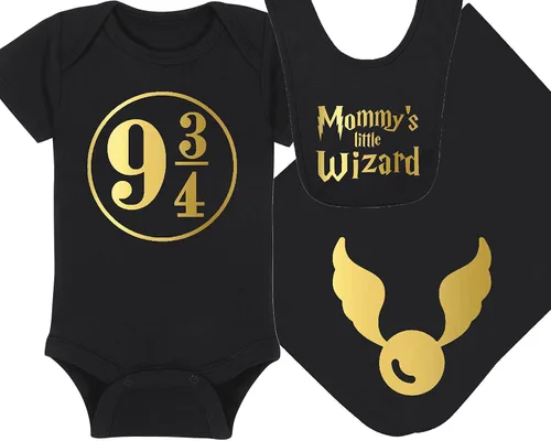 Vista 22 de Sombrero de bebé Wizard - Chosen One (tela negra - diseño dorado)