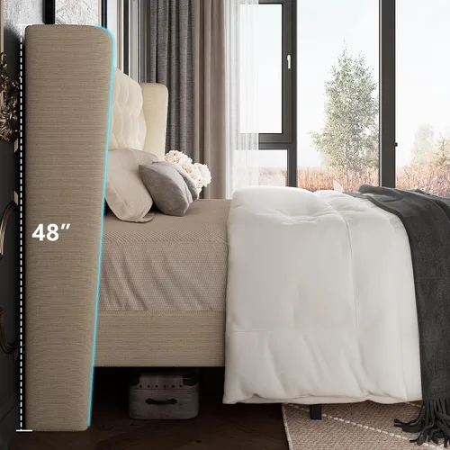 Vista 4 de GalnFu Base de cama tamaño full con cabecera capitoné con botones, base de cama plataforma tapizada con almacenamiento debajo de la cama, soportes