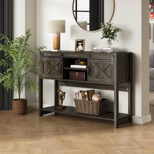 Vista 5 de Mesa consola de granja con estante de almacenamiento y puerta corrediza de granero, mesa de entrada de madera con almacenamiento, mesa de sofá larga