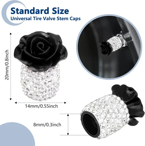 Vista 4 de Tapas brillantes para válvula de neumático 4 Pack, tapas de válvula de neumático con flores de rosa, cubiertas universales de vástago con diamantes