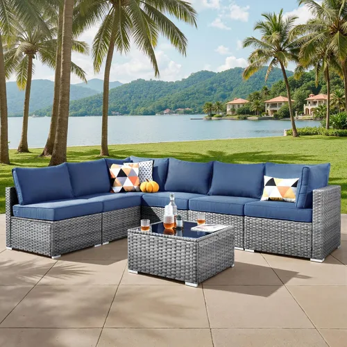 Vista 25 de ovios Juego de muebles de patio al aire libre de 5 piezas con mesa de café, conjunto seccional de muebles de patio con sofá de mimbre para todo tipo