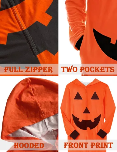 Vista 5 de CYCLAMEN Disfraz de Halloween para adultos, parejas, esqueleto de calabaza, enterizo con capucha, para mujeres, hombres, familia
