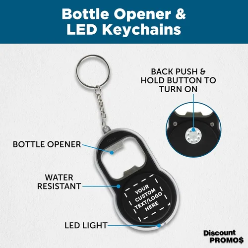 Vista 3 de DISCOUNT PROMOS Abrebotellas personalizado y llaveros LED, juego de 10/50/100, paquete personalizado a granel, perfecto para ferias, recuerdos
